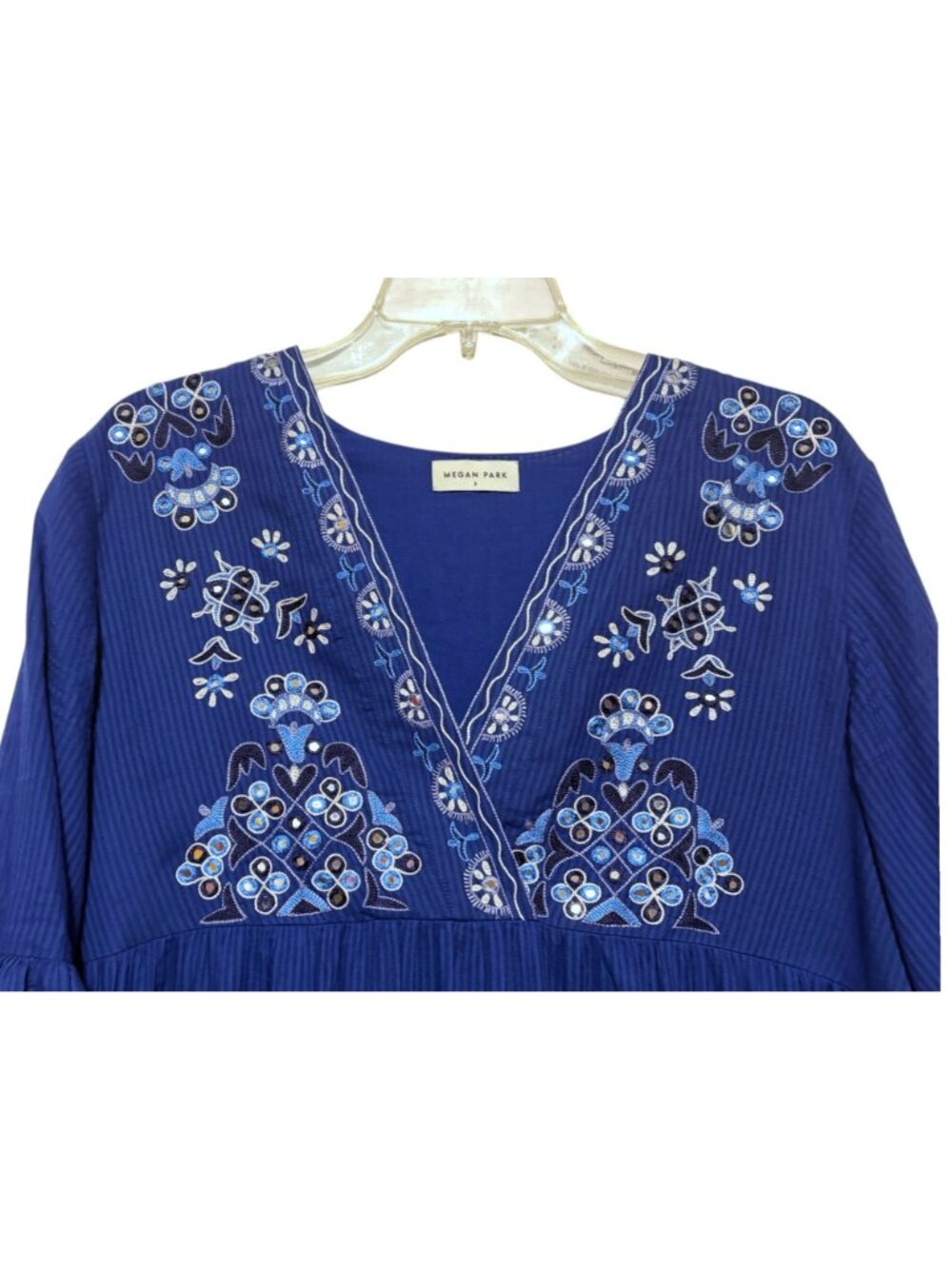 Megan Park Cobalt Blue Cotton Midi Dress Tiered Embroidered Mirror Beads India - Picture 4 of 9